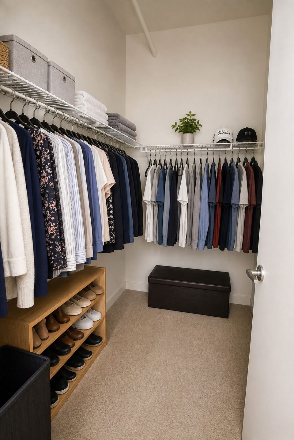 Spacious walk-in closet with organized storage, shoe rack, and bench