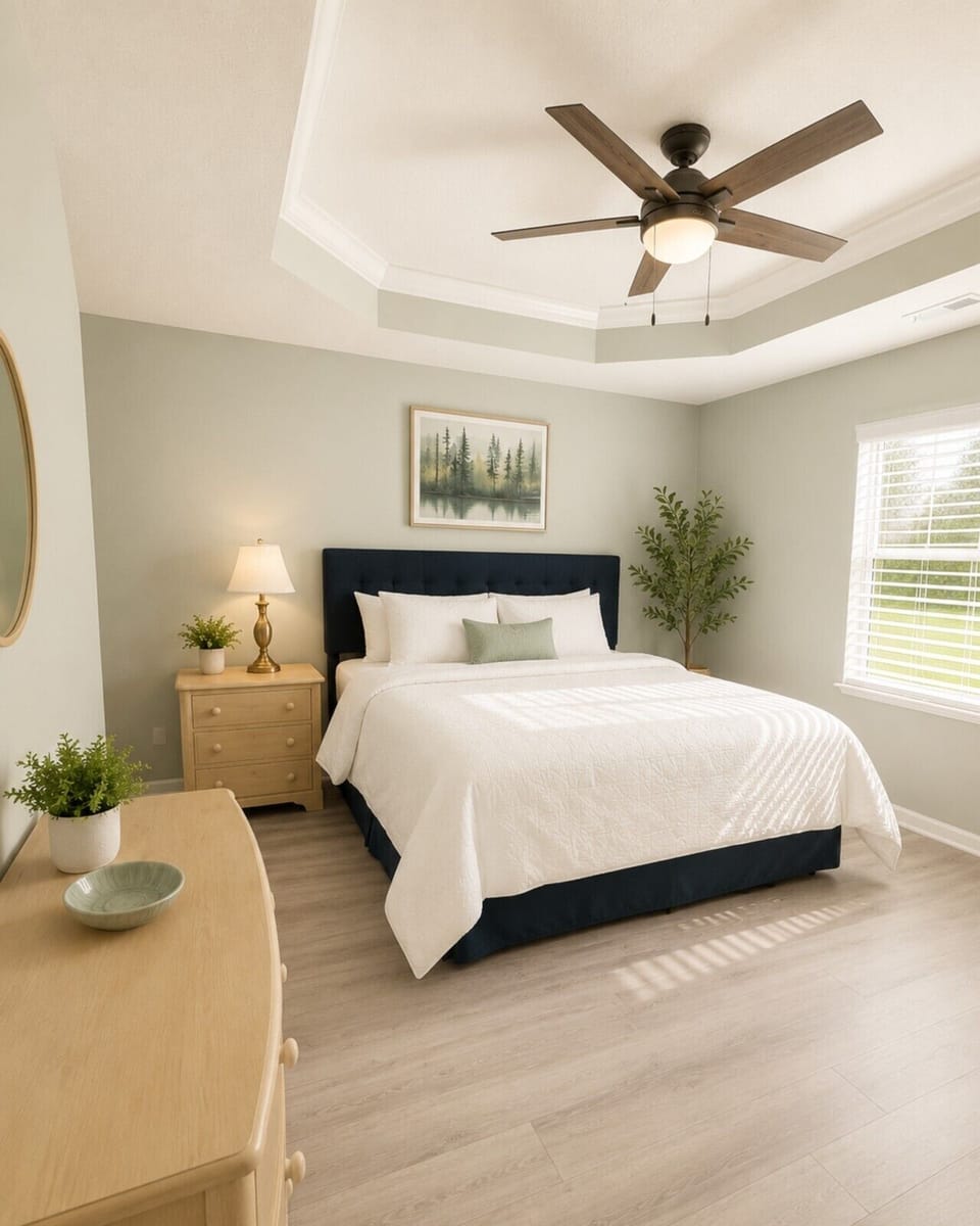 Unwind in the elegant king bedroom with plush linens, stylish décor, and abundant natural light for a peaceful retreat.