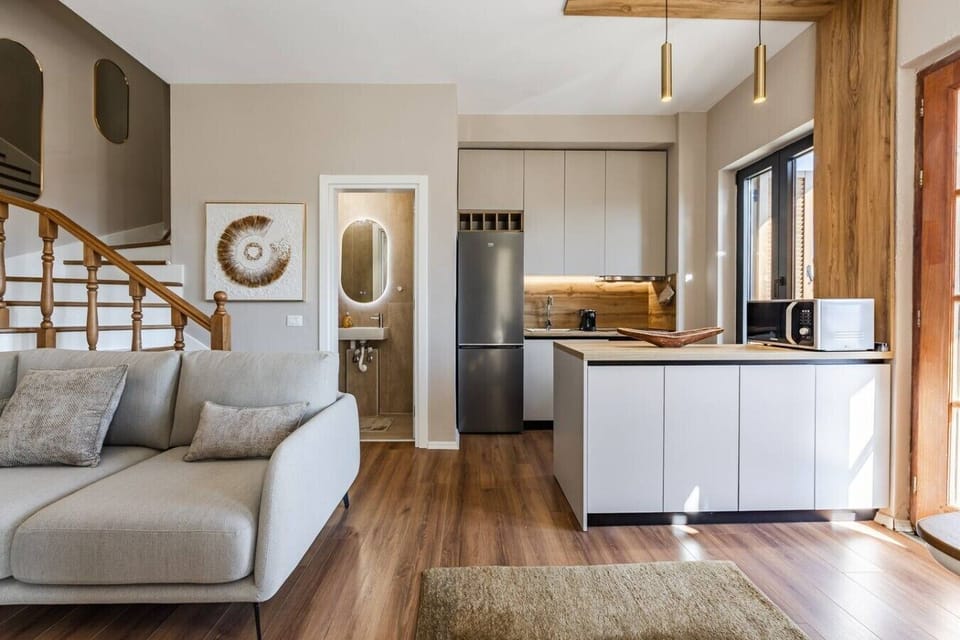 Living room and fully-equipped kitchen