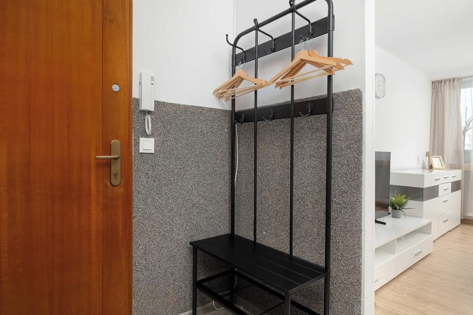 The entrance hall includes a coat rack with shelving and an open view into the apartment. The compact layout maximizes storage near the front door.