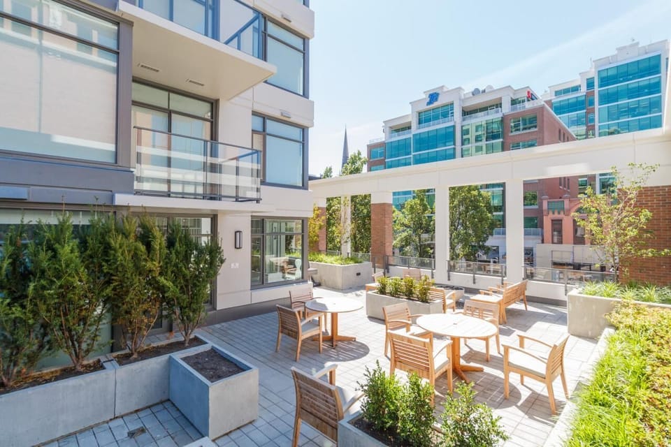 Another perspective of the beautifully maintained community terrace and outdoor dining spaces.