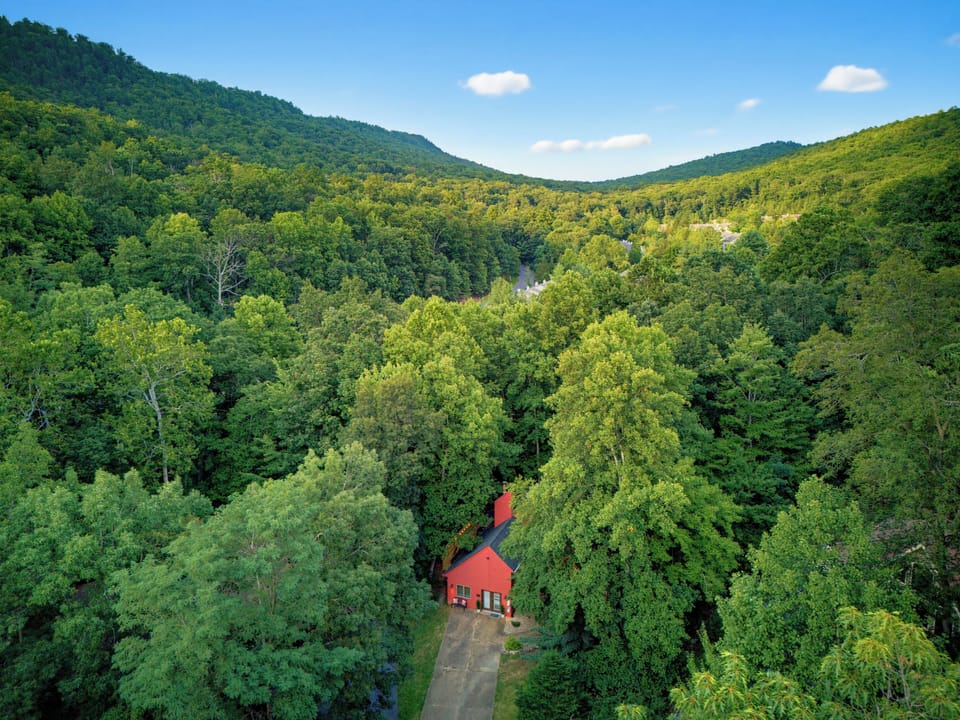 Secluded red cabin nestled in a lush mountain valley