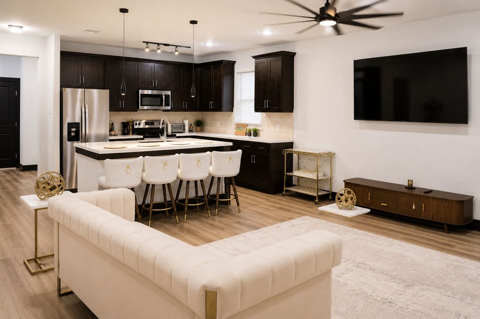 Modern kitchen stocked with cookware, utensils, and essential appliances.