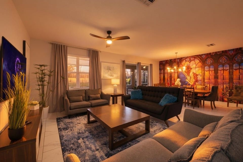 Open plan living room with pool access