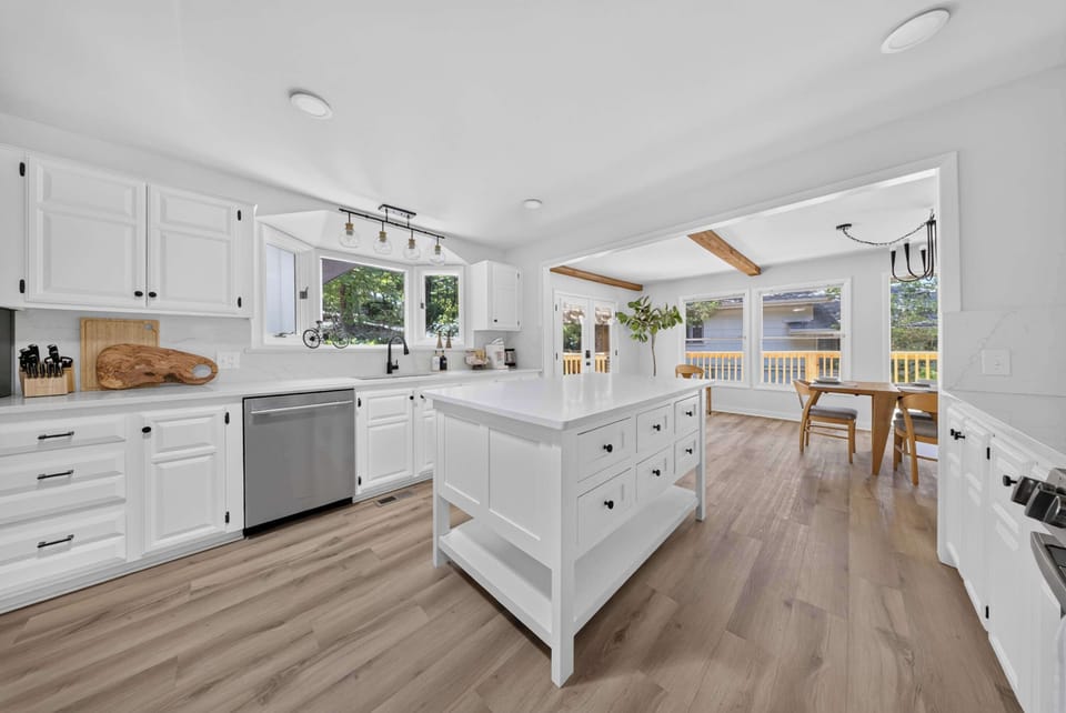 Island kitchen open to the dining and living space