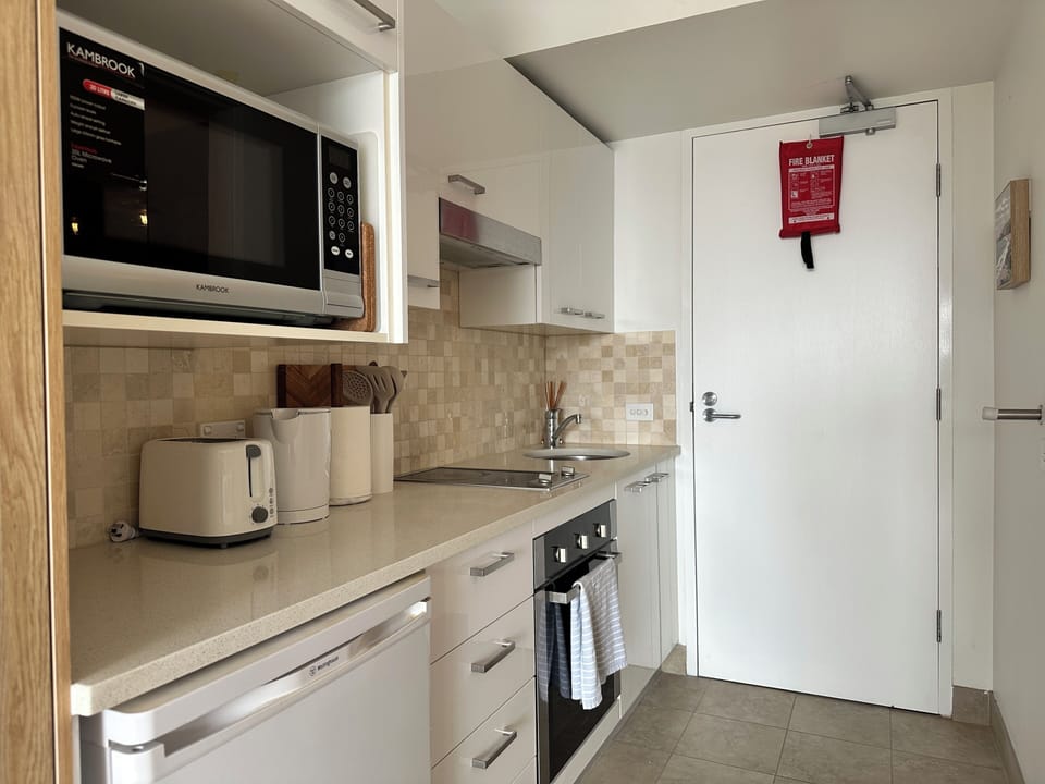 Compact kitchen, but many excellent dining options are 100m away