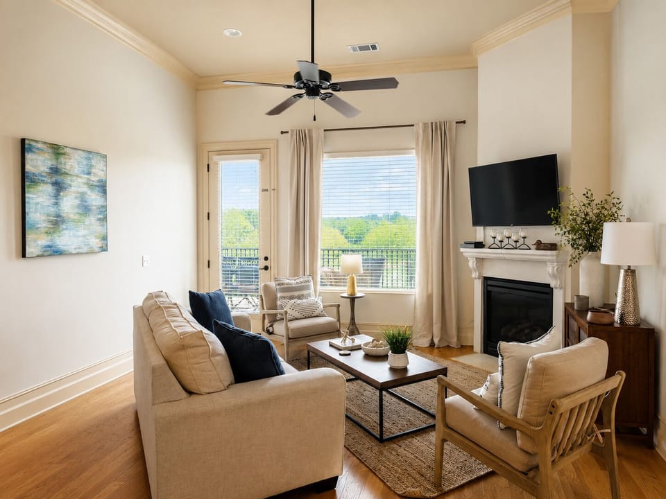 Living room with gas fireplace.