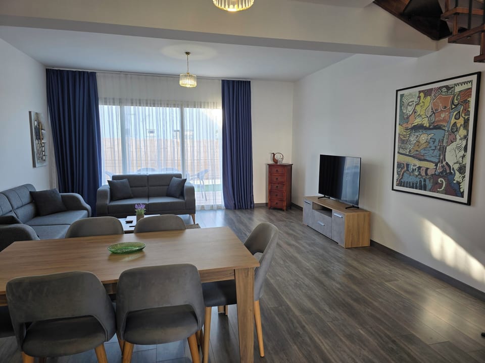 interior, indoor, couch, living area, television, dining table, daytime