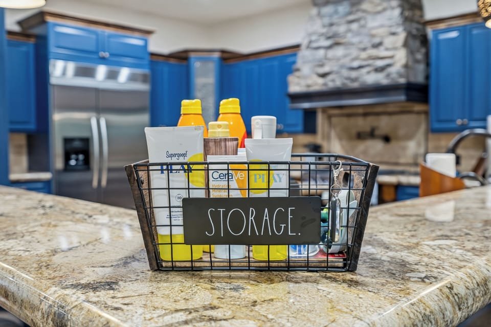 Stylish gourmet kitchen with granite island and thoughtful guest essentials