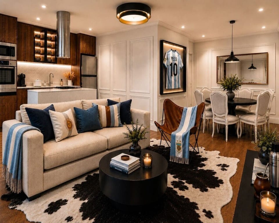 Open-concept living space featuring a stylish lounge, dining area, and kitchen.
