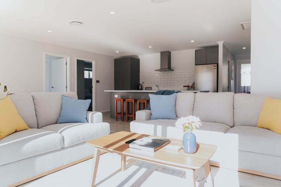 Open plan kitchen, living and dining areas