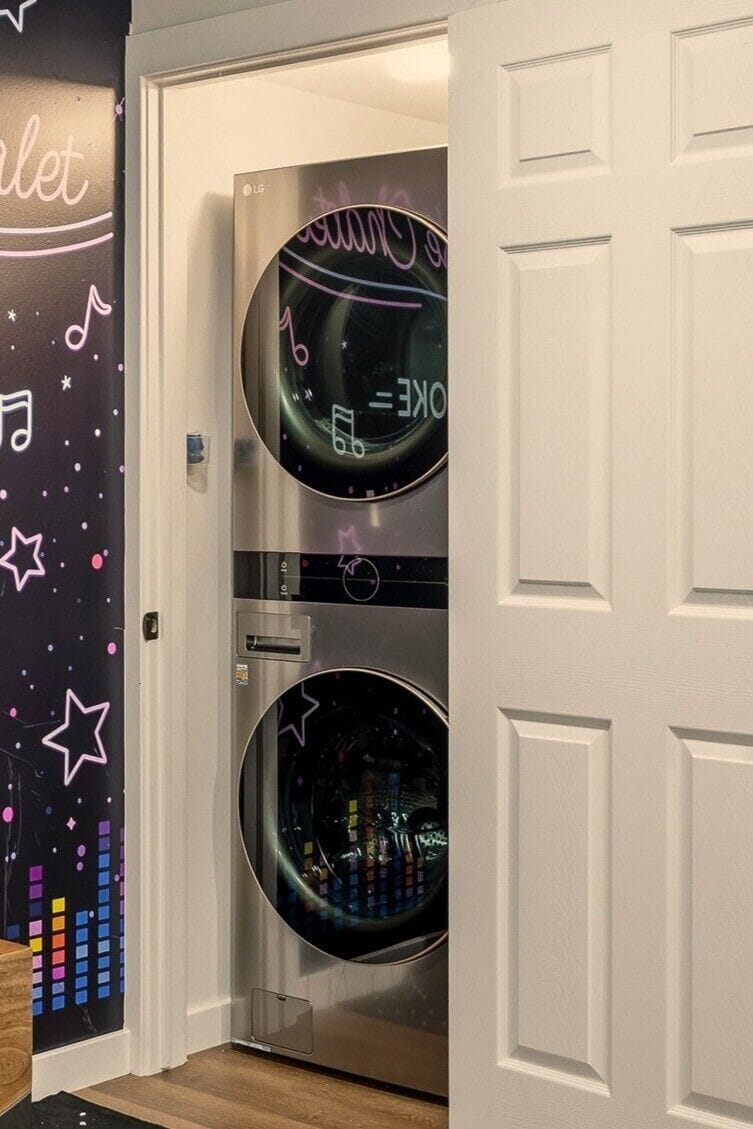 In-unit stacked washer/dryer with fun, stylish decor accents