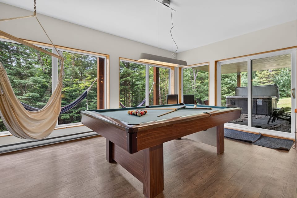 Bright game room with pool table, hammock, and serene forest views