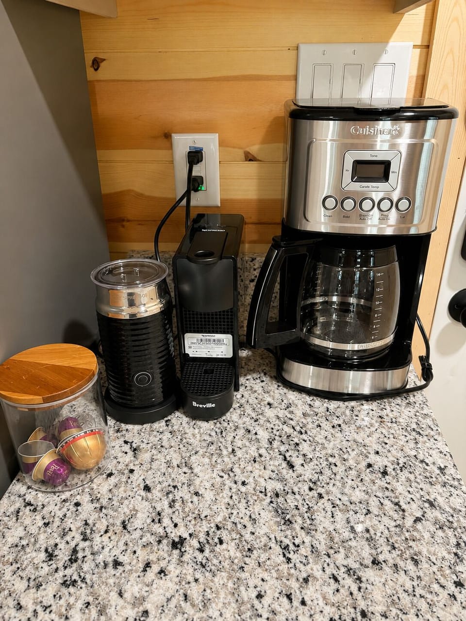 Coffee bar featuring a Nespresso original pod machine 