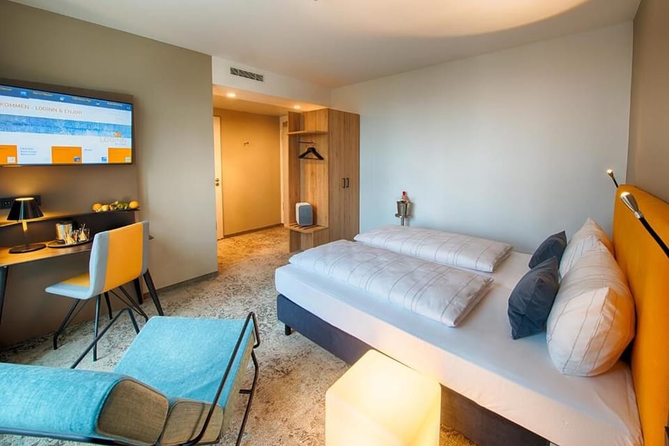 Stretch out comfortably in a spacious room with modern storage.