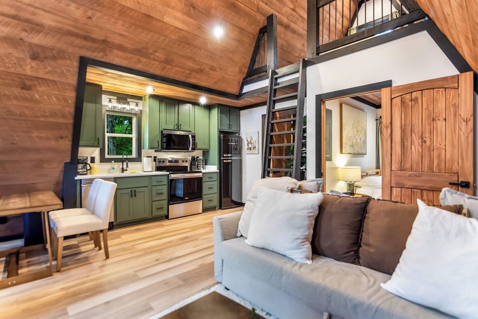 Full kitchen, dining and living room.