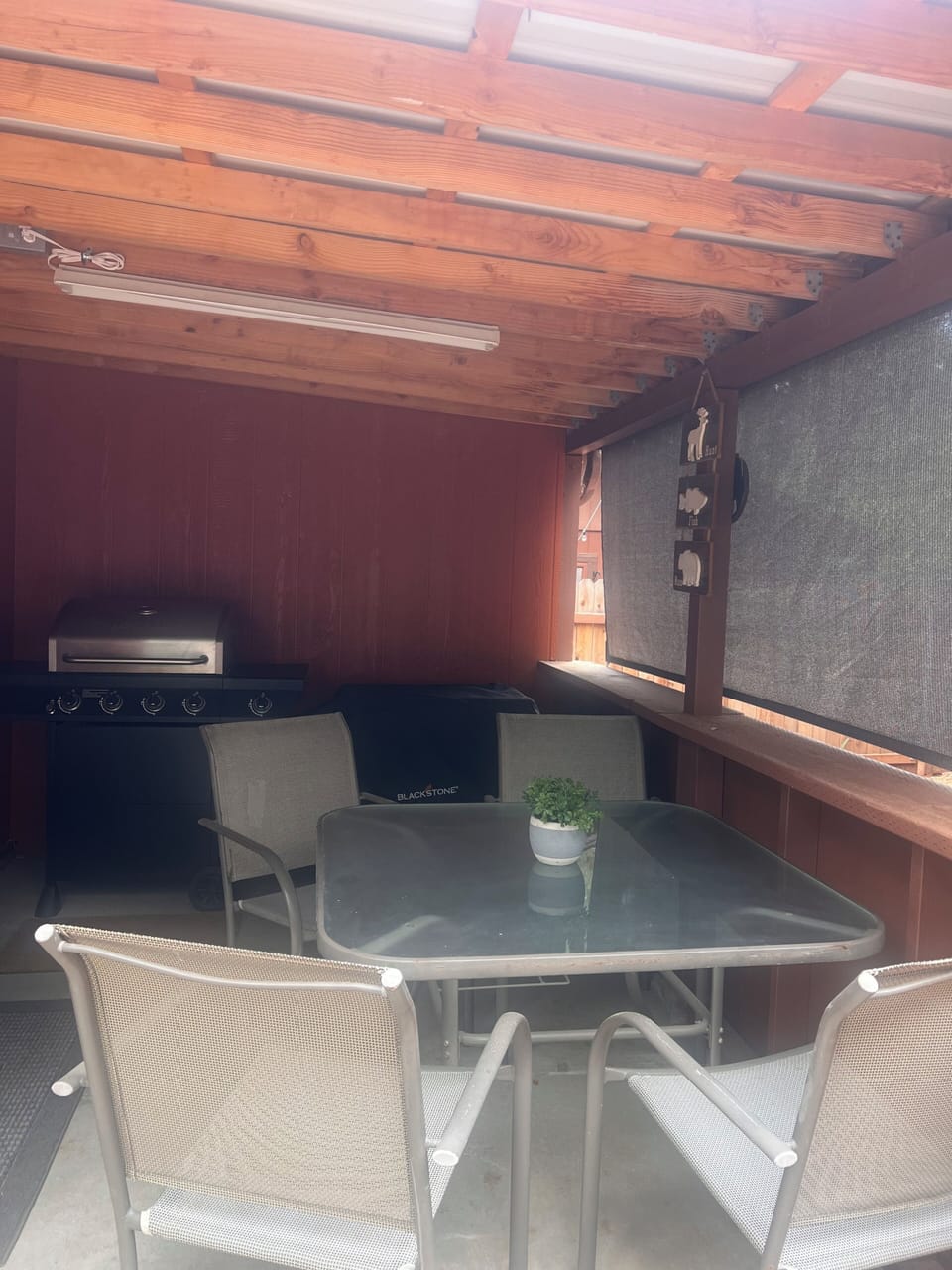 Private patio area with bbq grill and black stone