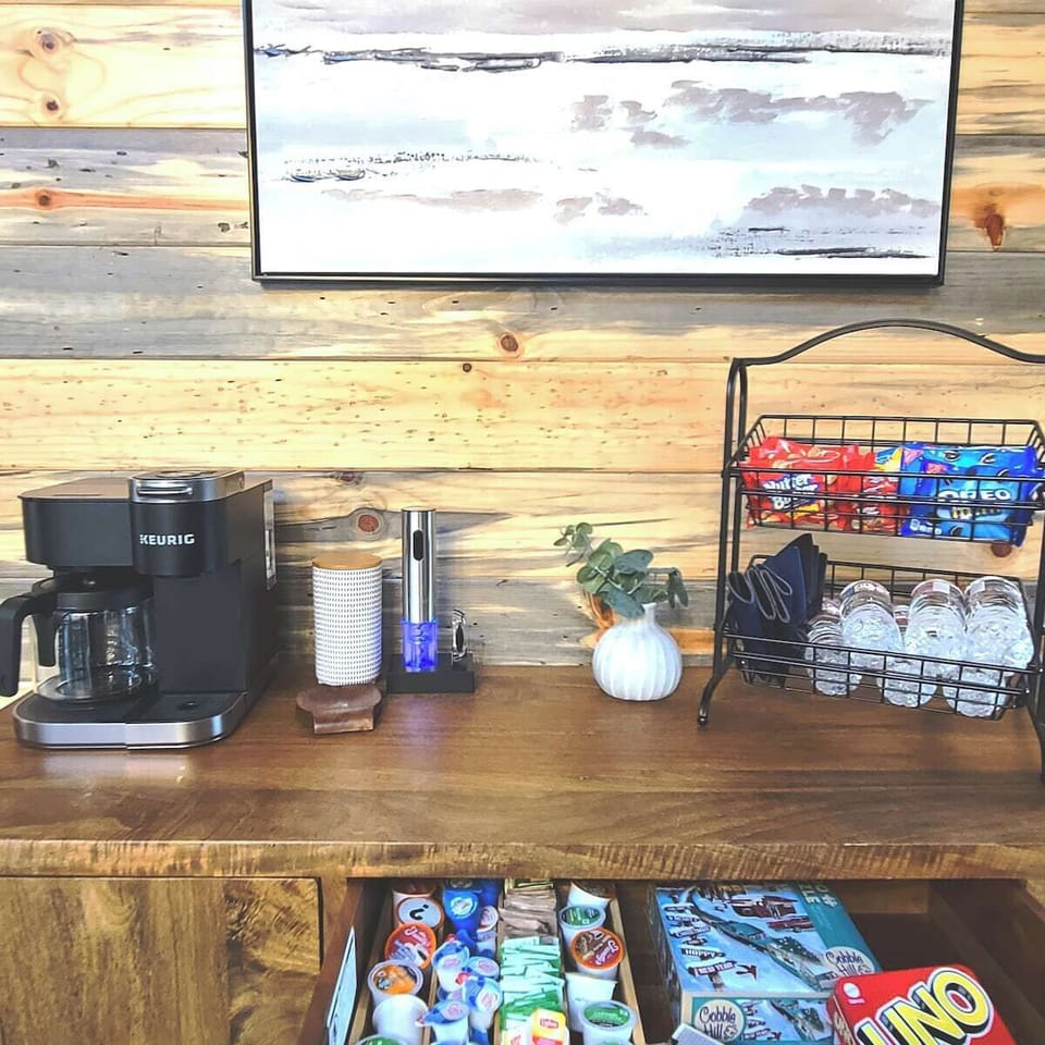 Coffee, wine, and snack bar. Kpods or drip coffee with condiments.