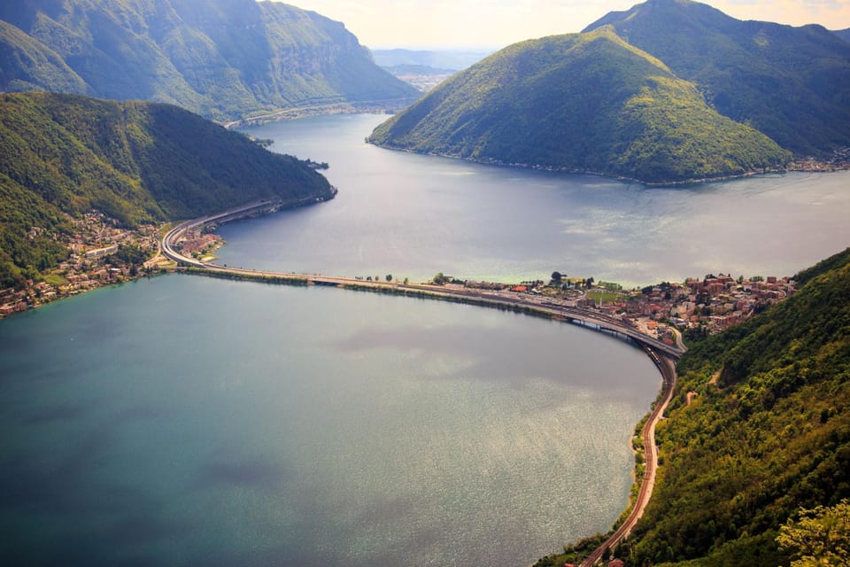 View of Melide Dam (Ponte diga di Melide) from San Salvatore mountain