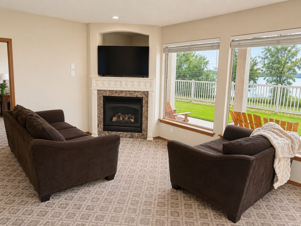 Living Room with Fireplace and view of lake