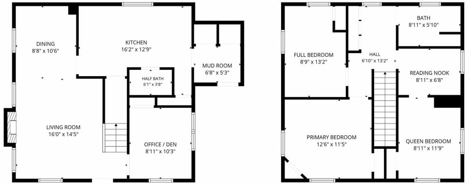 A detailed vacation rental floor plan showing the 3-bedroom, 1.5-bath configuration. This home layout highlights the spacious kitchen, mudroom entryway, dedicated living spaces, and the specific upper-level layout of this group accommodation.