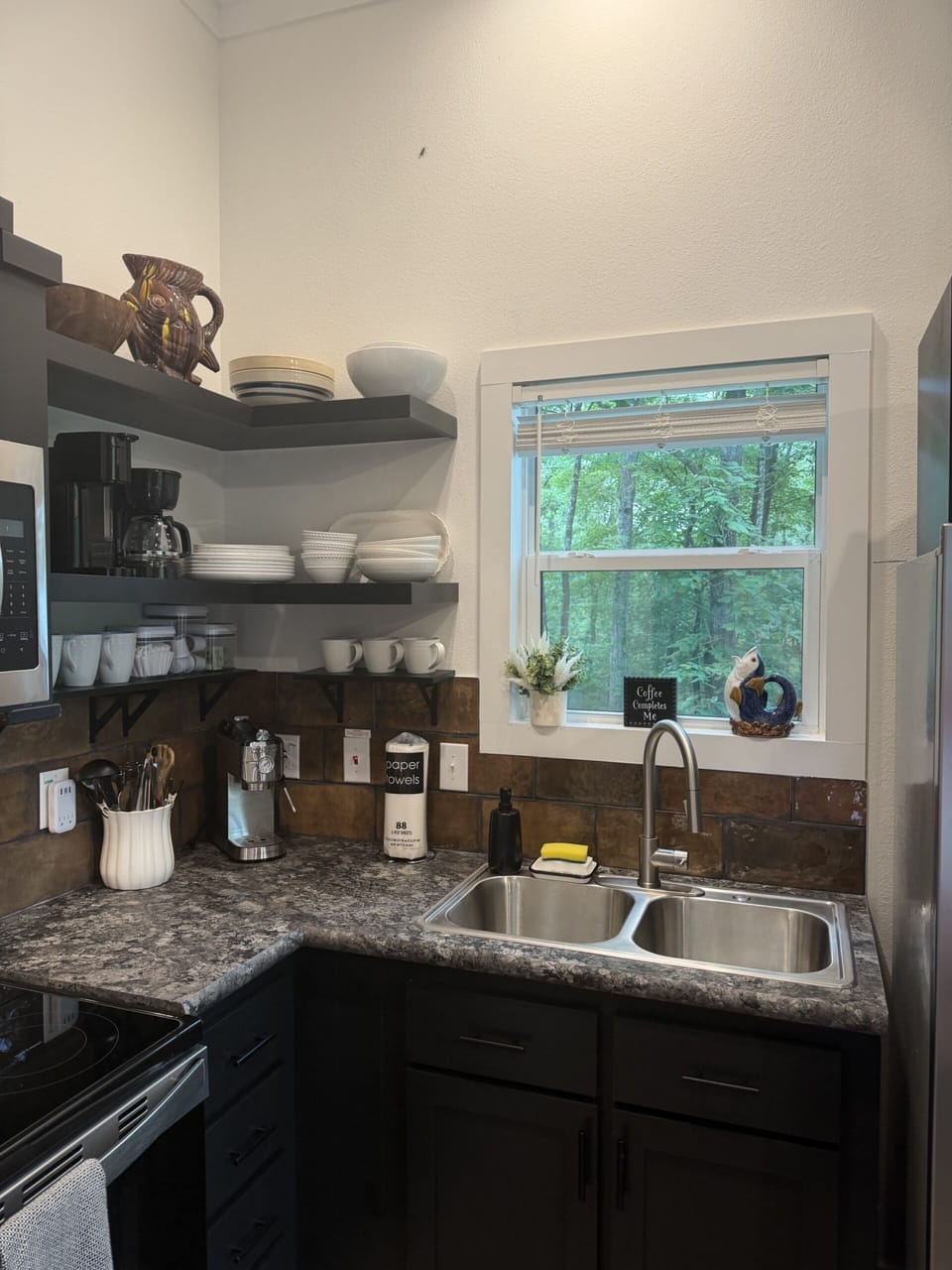 Kitchen sink and forest-view window