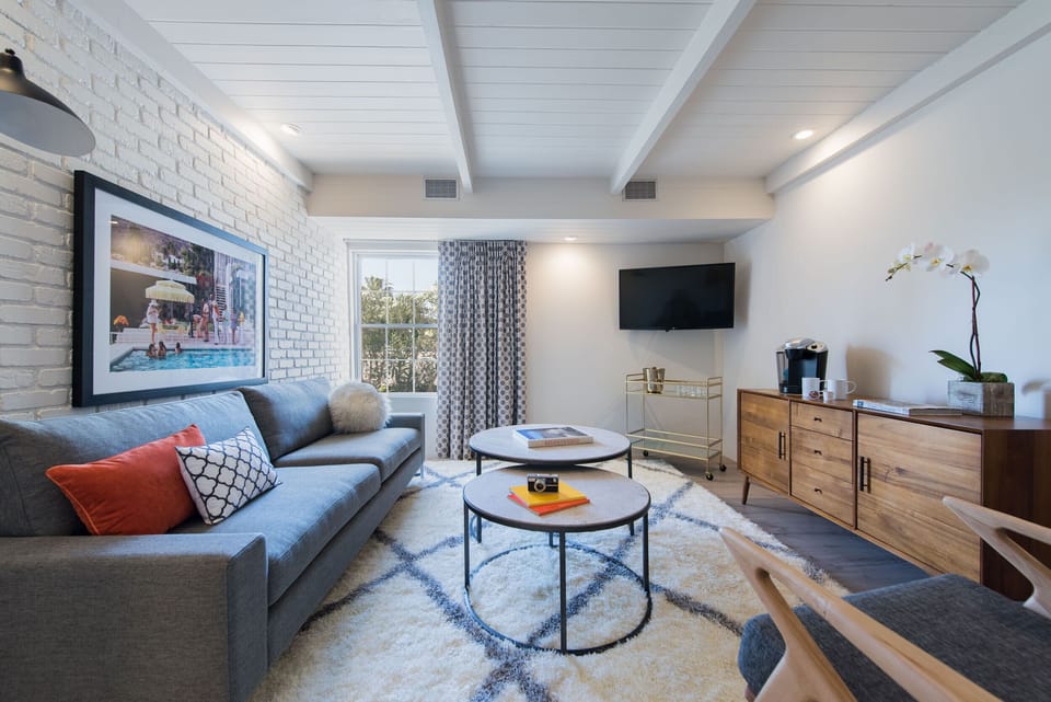 Bright and airy contemporary living area featuring stylish mid-century modern furniture and decor.