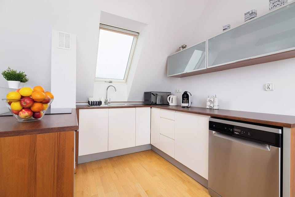 Modern kitchenette equipped with a cooktop, oven, dishwasher, electric kettle, coffee machine, and all essential cooking facilities.