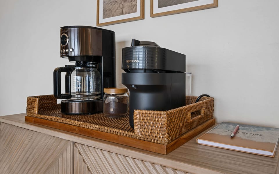 We provide both drip coffee and Nespresso options, along with a starter supply of coffee for your stay! 
