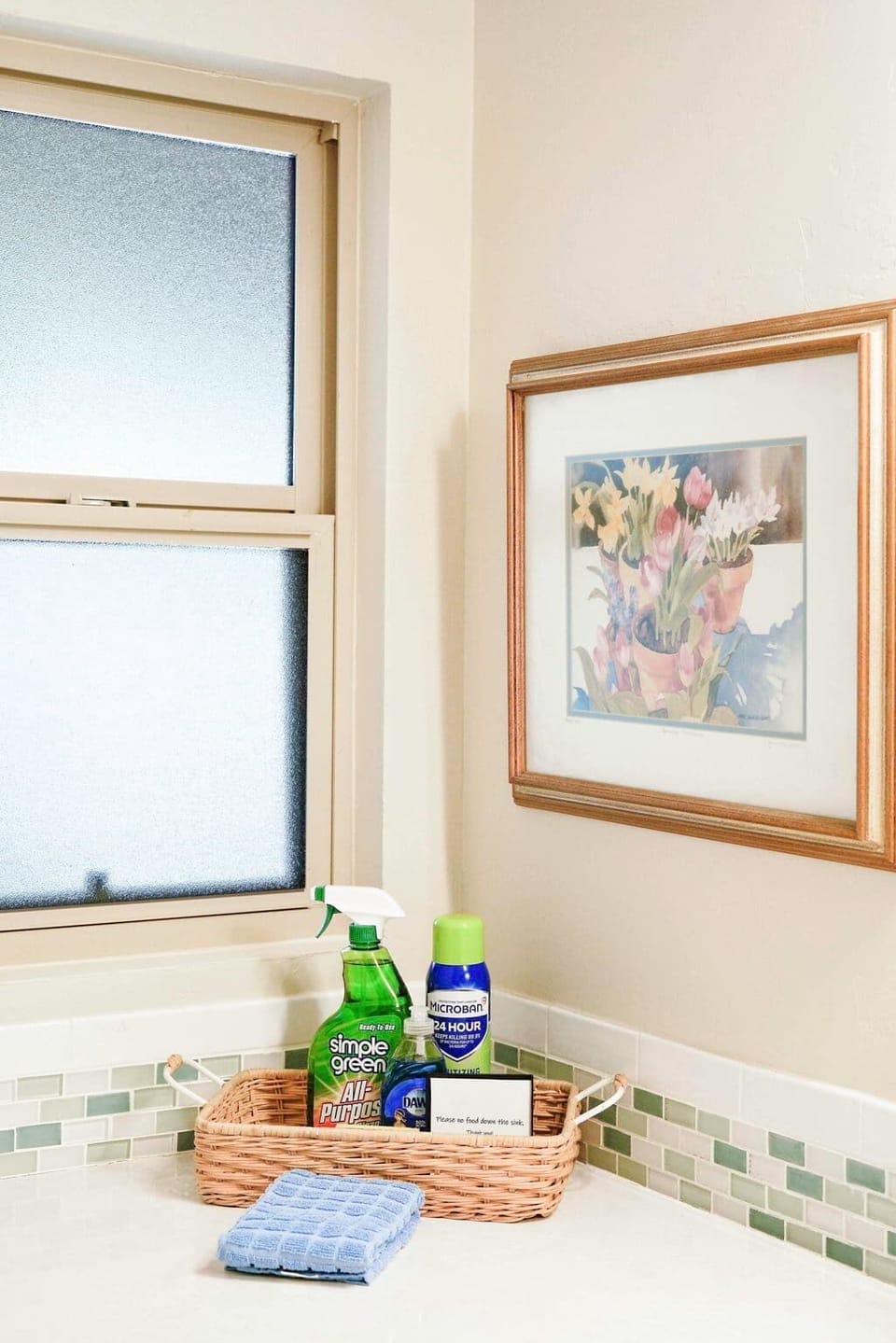 Cleaning supplies offered for guests.