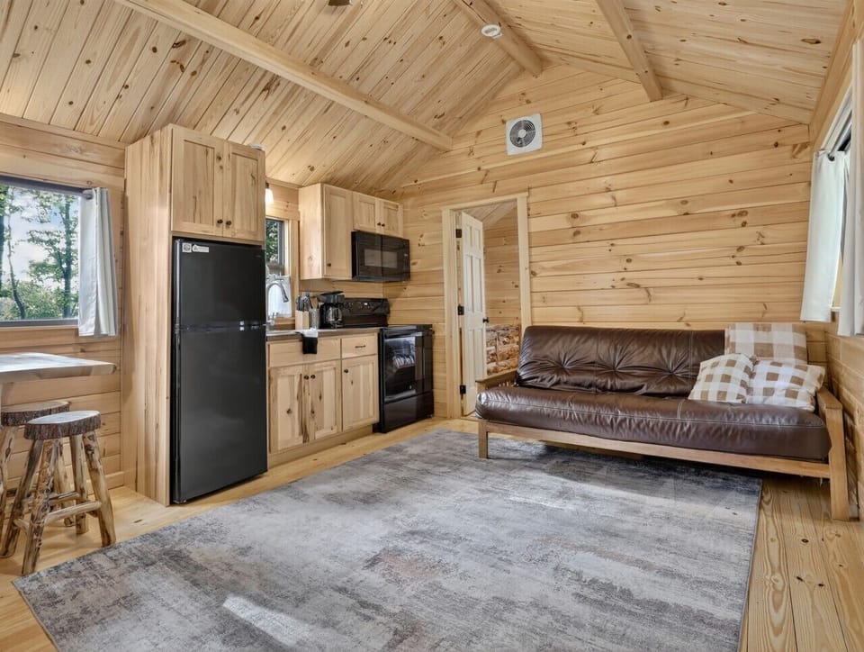 Living Room | Leather Sofa | Wood Paneling & Kitchenette