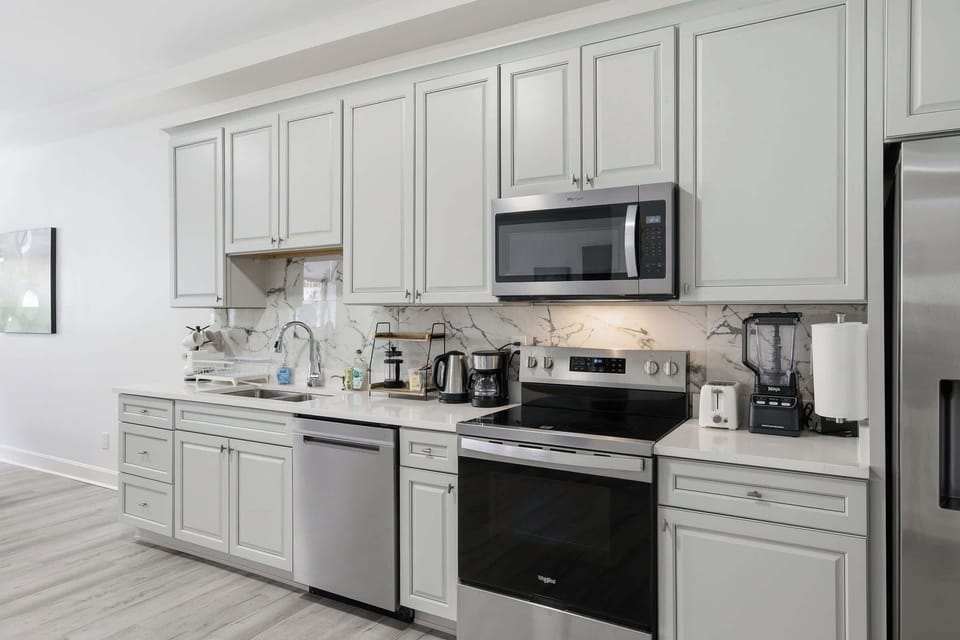 Brand new kitchen with stainless steel Whirlpool appliances