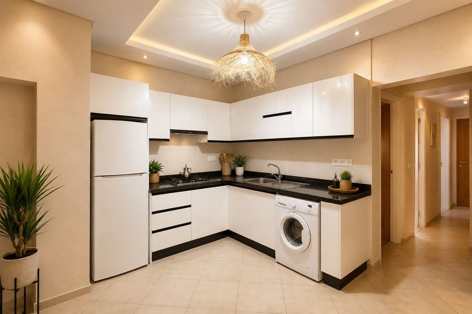 Bright modern kitchen with full appliances and stylish lighting
