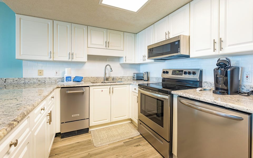 Savor morning coffee brewed fresh from the Keurig or prepare breakfast before beach adventures