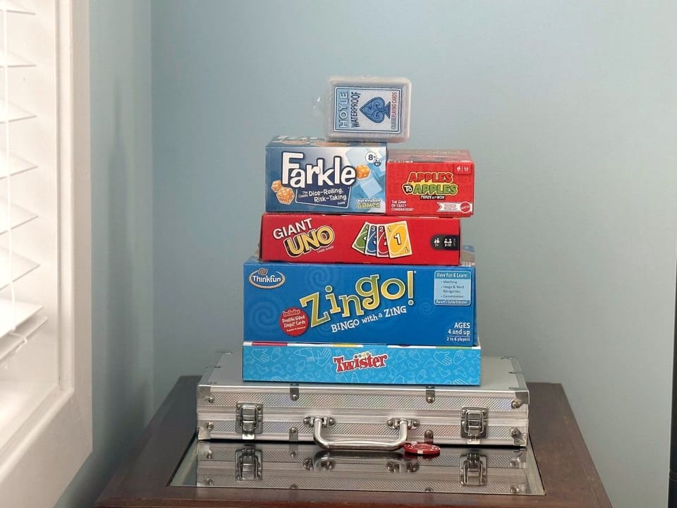 Giant UNO, Farkle, Apples to Apples, Twister, Zingo and a poker set for rainy afternoons and after-dinner showdowns
