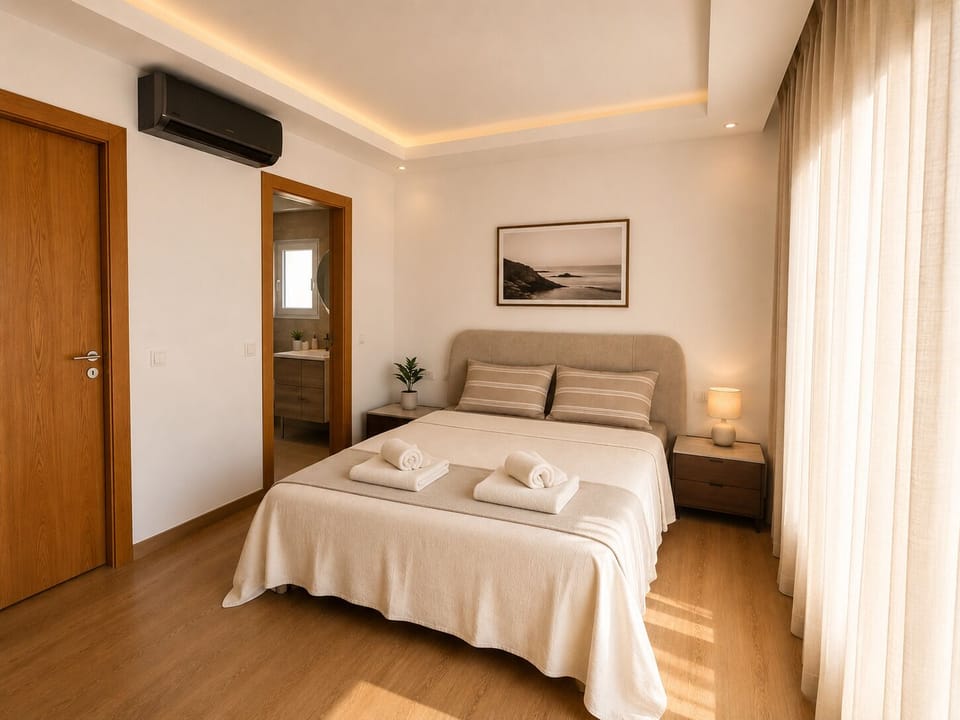 Bright modern bedroom with ensuite access and soft natural light