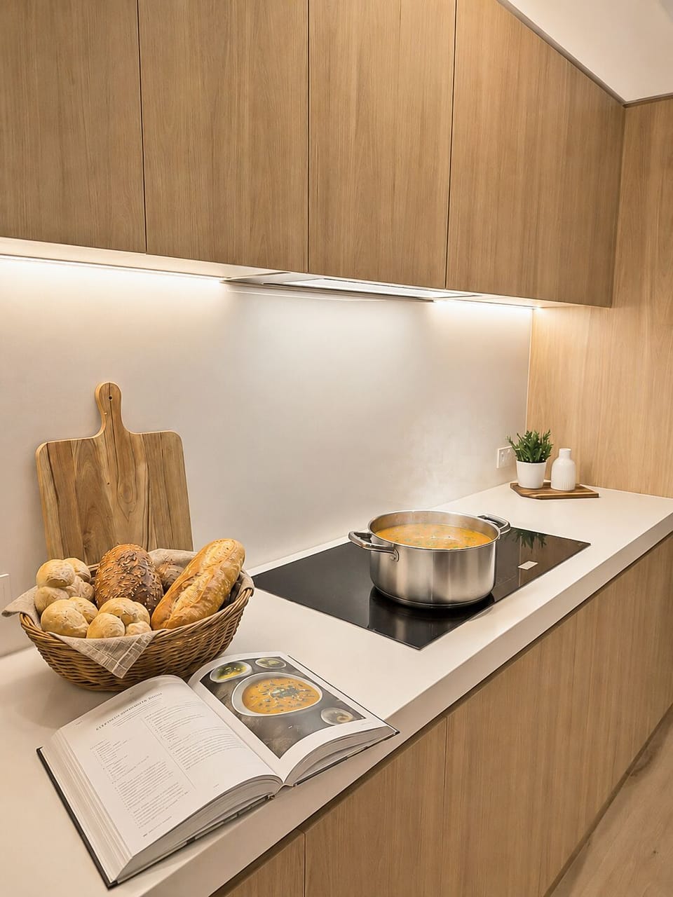 Sleek modern kitchen with warm wood finishes and stylish cooktop