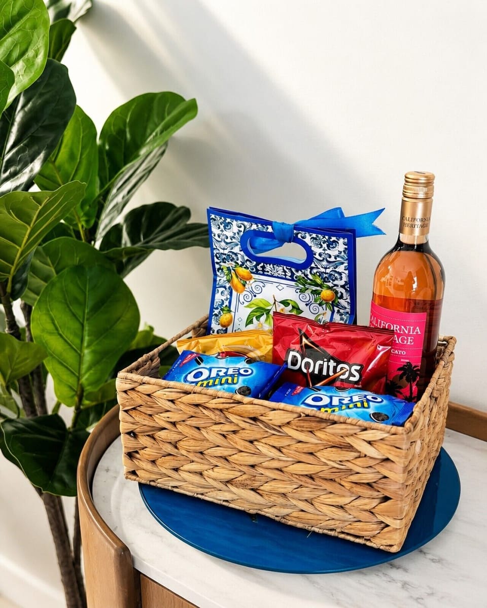 A thoughtful welcome basket awaits with a bottle of wine, pasta and sauce for a quick meal, cookies, chips, and a small bag of commonly forgotten vacation essentials to help you settle in and start relaxing right away.