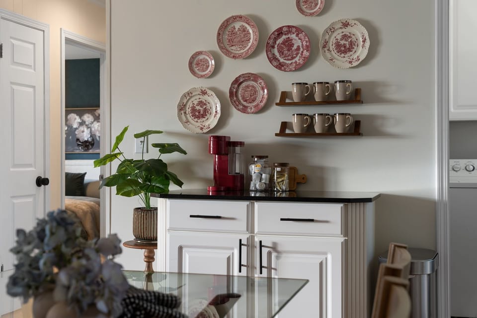 Our kitchen/coffee area with tea, coffee (k-cups), creamer, sugar, and a Keurig.