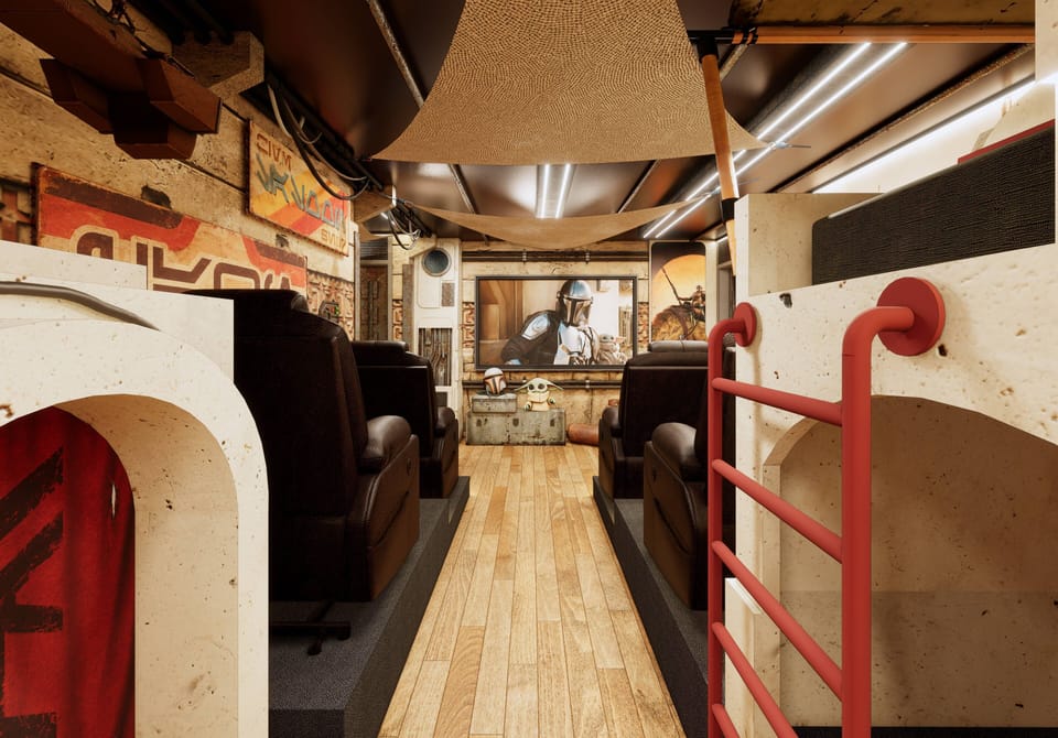 Experience a unique space with cozy leather seating, warm wood floors, and eclectic decor. The bold red accents and playful layout create a fun, comfortable atmosphere ideal for relaxing with friends or family.