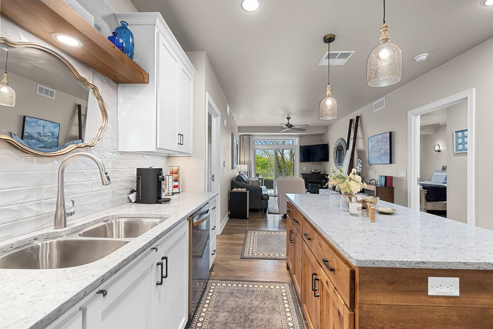Full Kitchen with starter coffee, tea, dish soap, and dishwasher pods provided