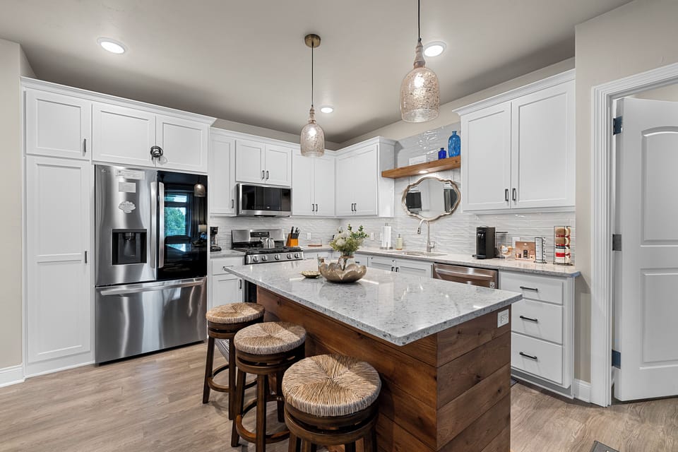 Full Kitchen with starter coffee, tea, dish soap, and dishwasher pods provided