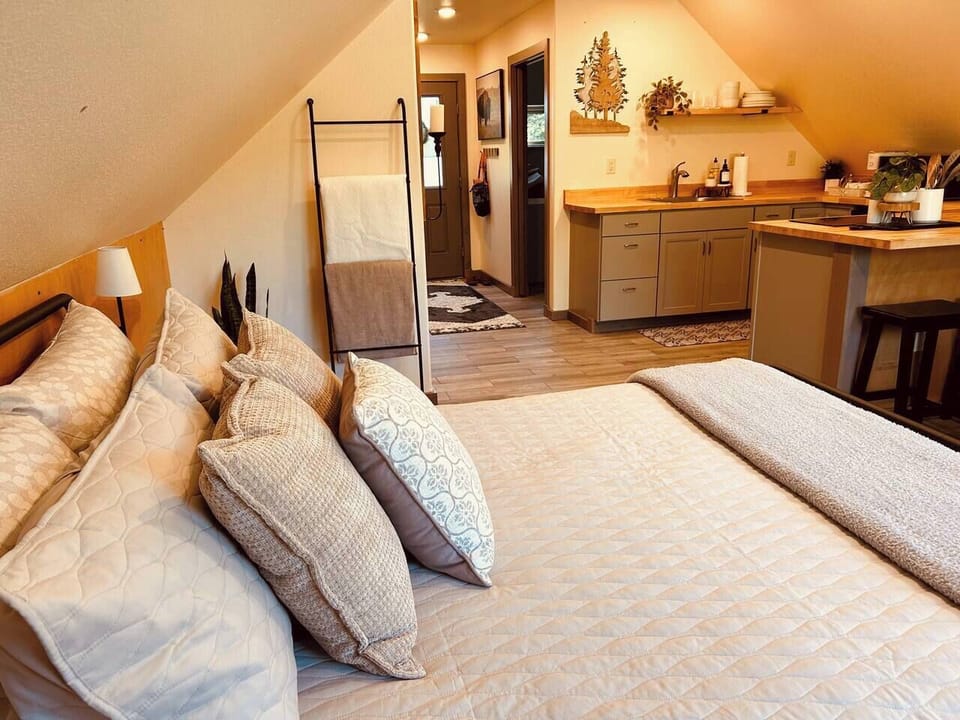 This is a studio space. Sleeping area is a shared area between the queen bed, living room twin sofa couch and an extra twin blow up mattress if needed. 