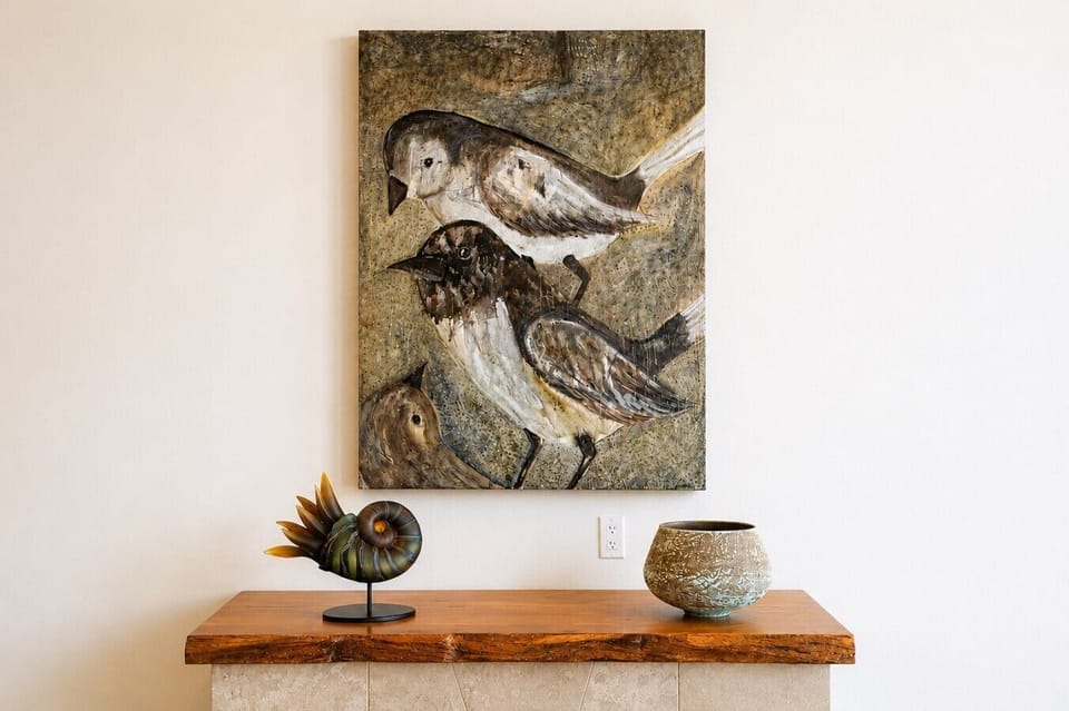 Decorative wall art and shelf styling