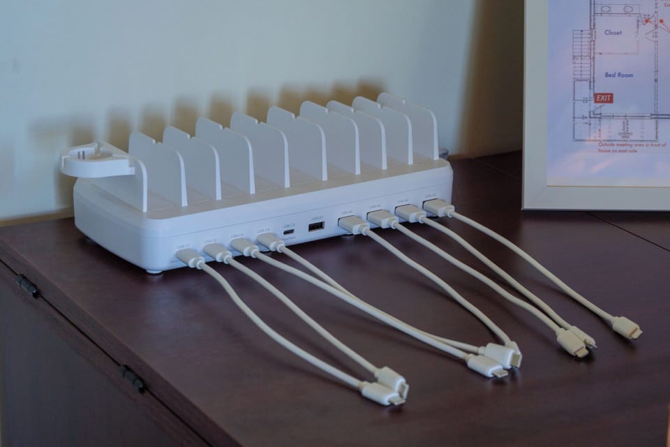 A convenient multi-device charging station keeps everyone's phones and electronics powered throughout your stay.