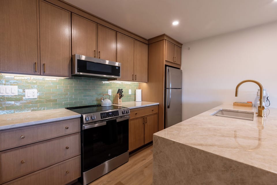 Tired of eating out? Our luxury kitchen is fully equipped with everything you need to make a meal at home. 