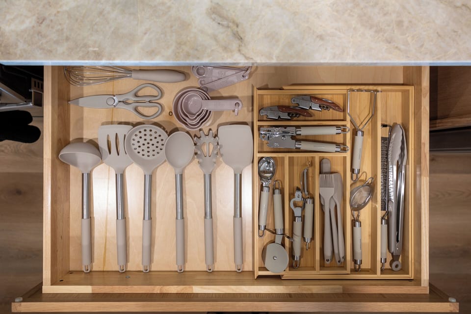 Our fully-equipped kitchen has a complete set of utensils, measuring cups, kitchen sheers, can opener, and everything you need to cook a delicious home-cooked meal.