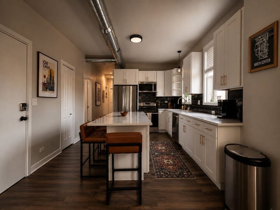 A fully stocked kitchen with quartz counters, gold accents, and a clean modern look balanced by moodier finishes.