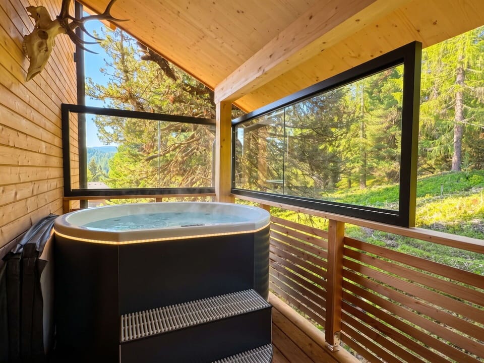 Wood, Interior Design, Ceiling, Glass, Wood Stain, Plumbing Fixture, Natural Material, Hardwood, Bathtub, Log Cabin