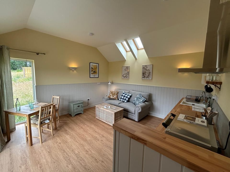 No. 1's open plan kitchen/living room/dining area with large double sofa bed.